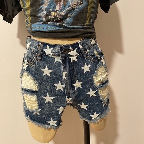 Americana Star Jean Shorts Freestyle Denim fray 1 Distressed Y2K 00s July Casual - Picture 4 of 13